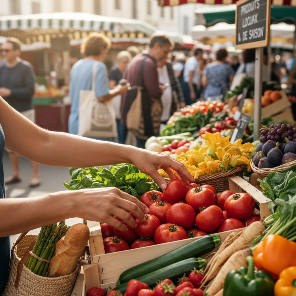 Mains choisissant des fruits et légumes locaux et de saison au marché français