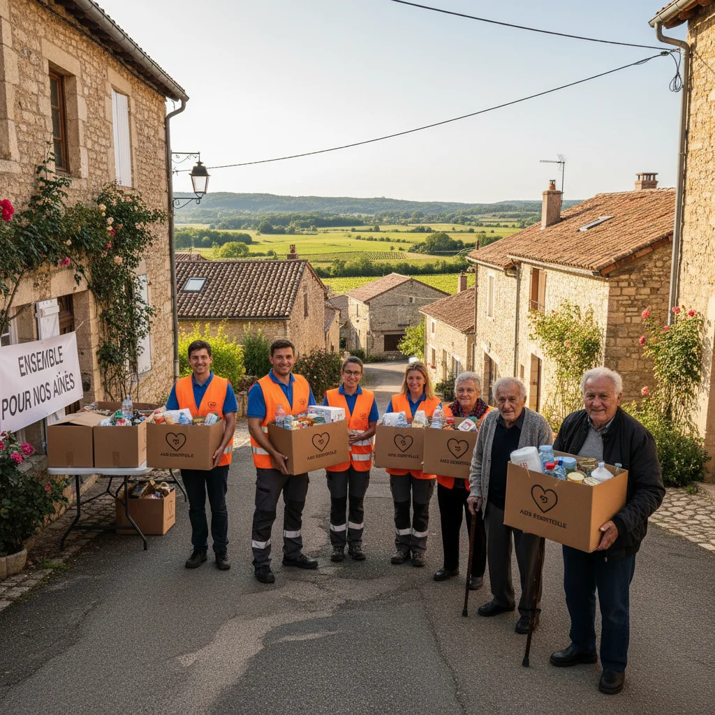 Bénévoles distribuant de l'aide à des personnes âgées dans un village rural français, montrant l'entraide et le soutien aux populations vulnérables.
