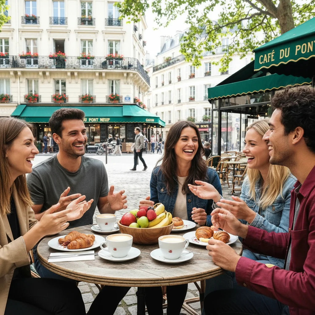 Amis discutant sans téléphone dans un café parisien