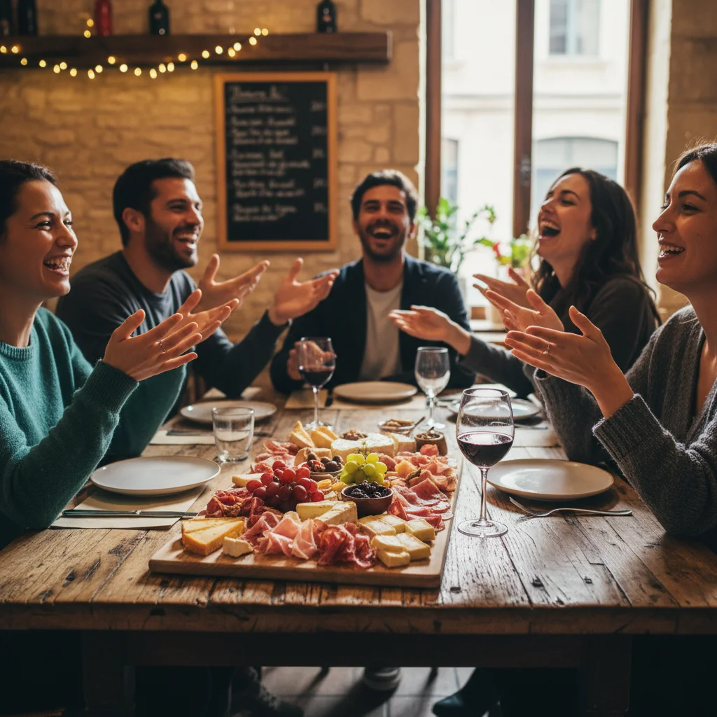 Table de charcuterie et vin rouge, amis partageant un apéritif français convivial