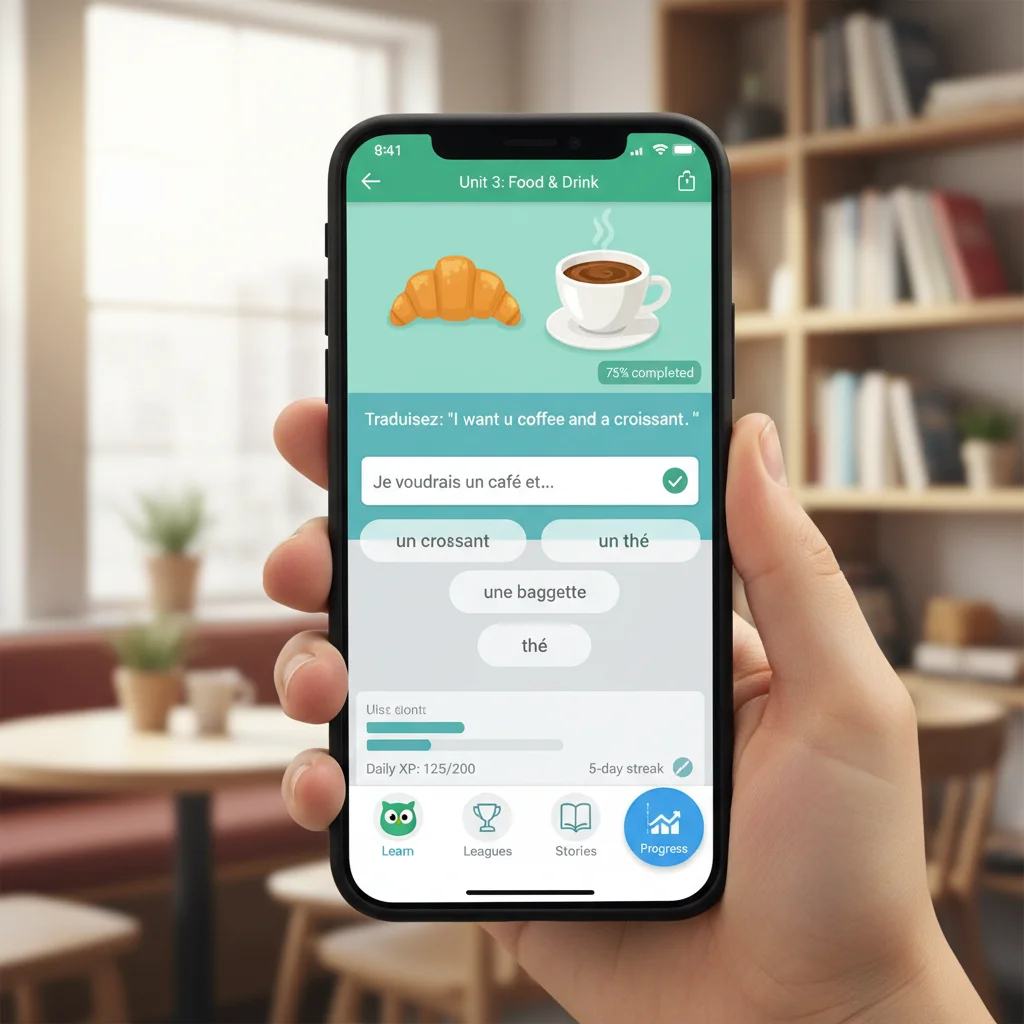 Écran de smartphone présentant une application d'apprentissage du français, avec des exercices interactifs et un suivi de progression.