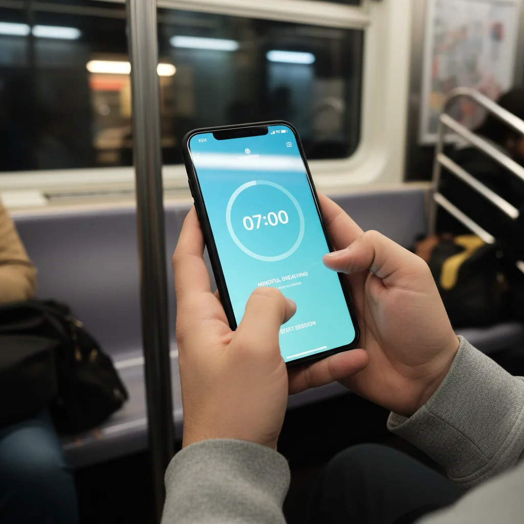 Écran de smartphone affichant une application de méditation de 7 minutes, tenu dans les transports en commun, illustrant la pratique quotidienne.