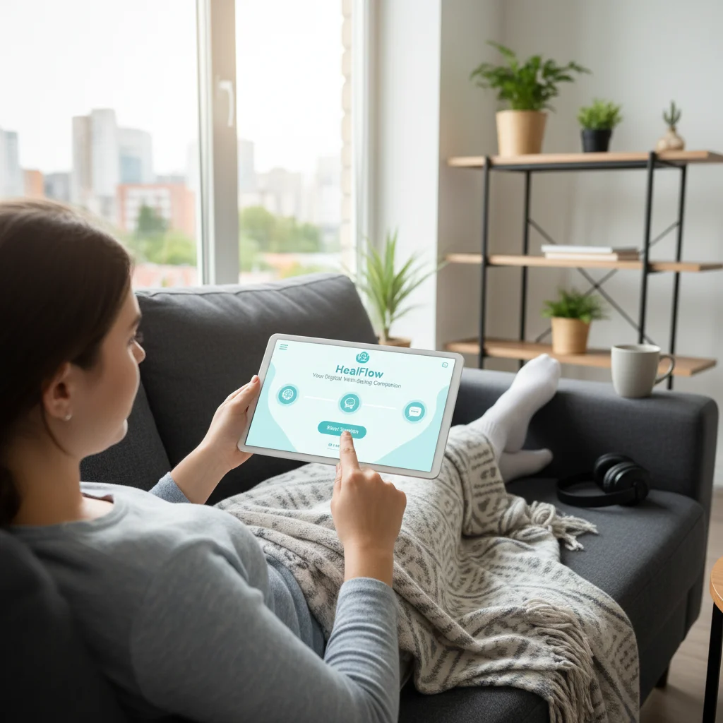 Jeune adulte utilisant une application de soutien psychologique sur son téléphone, illustrant l'accès numérique aux soins.