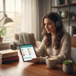 Apprendre une Nouvelle Langue en 2026 : Le Guide Complet avec 30 Minutes Par Jour et les Meilleures Applications Françaises Jeune femme apprenant le français avec une application linguistique sur tablette, dans un environnement confortable et moderne.