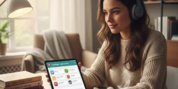Jeune femme apprenant le français avec une application linguistique sur tablette, dans un environnement confortable et moderne.