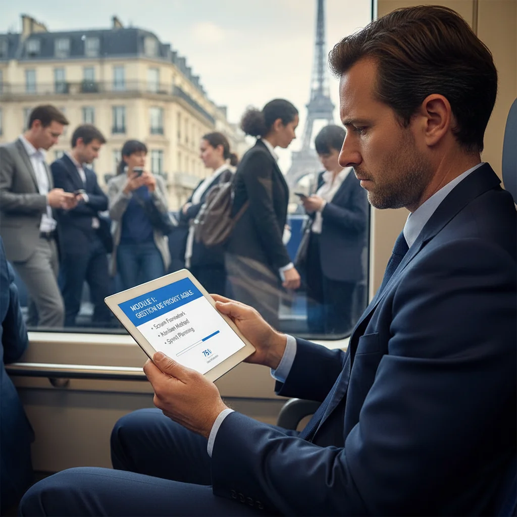 Professionnel français apprenant sur smartphone pendant un trajet quotidien, illustrant la flexibilité du micro-apprentissage.