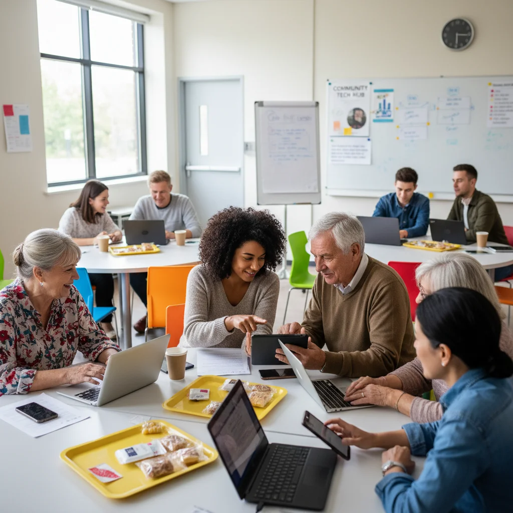 Atelier intergénérationnel d'apprentissage des compétences numériques, un jeune aidant un senior à utiliser une tablette.