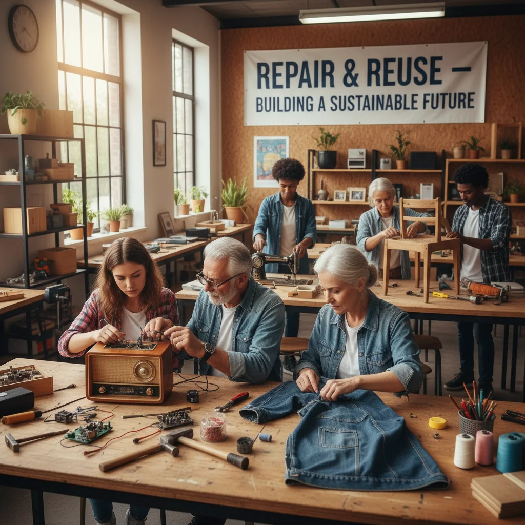 Des personnes de tous âges participant à un atelier de réparation communautaire, réparant des objets.