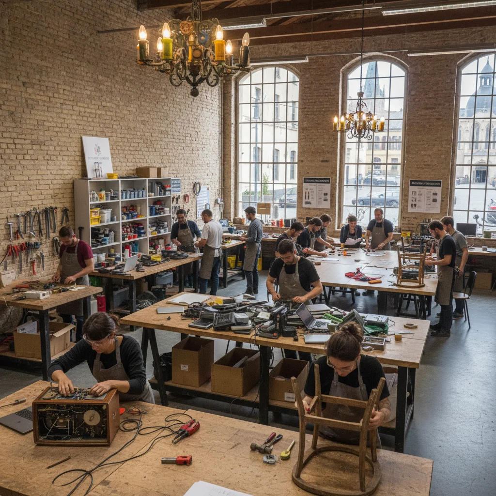 Atelier français d'artisans réparant et revalorisant des objets, illustrant l'économie de la réparation et du réemploi.