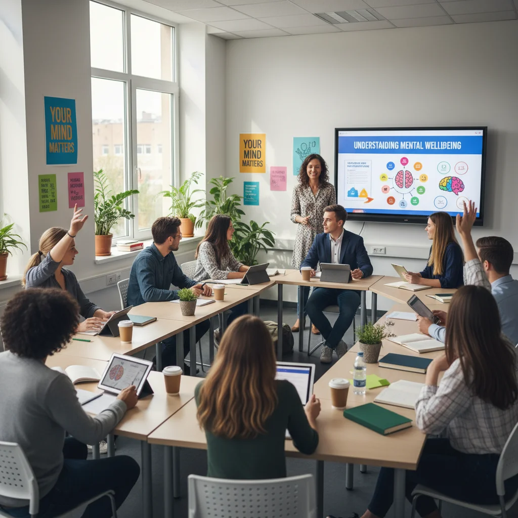 Atelier de sensibilisation à la santé mentale pour étudiants, avec un formateur et des participants attentifs.