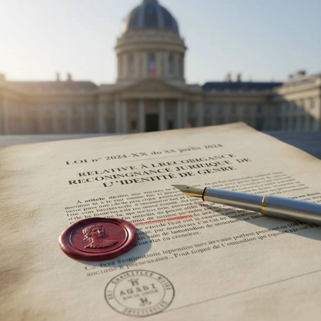 Document officiel symbolisant les avancées législatives pour la reconnaissance des identités de genre en France.