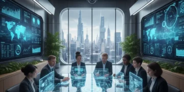 Professionnels divers collaborant dans un bureau moderne et numérique, symbolisant l'avenir du travail en France.