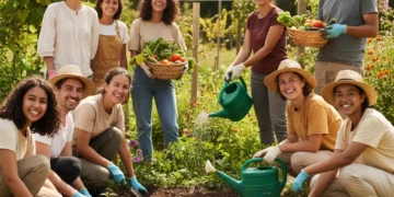 Groupe diversifié de bénévoles souriants œuvrant dans un jardin communautaire en France, symbolisant l'engagement solidaire.