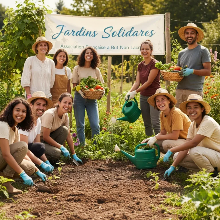 Groupe diversifié de bénévoles souriants œuvrant dans un jardin communautaire en France, symbolisant l'engagement solidaire.