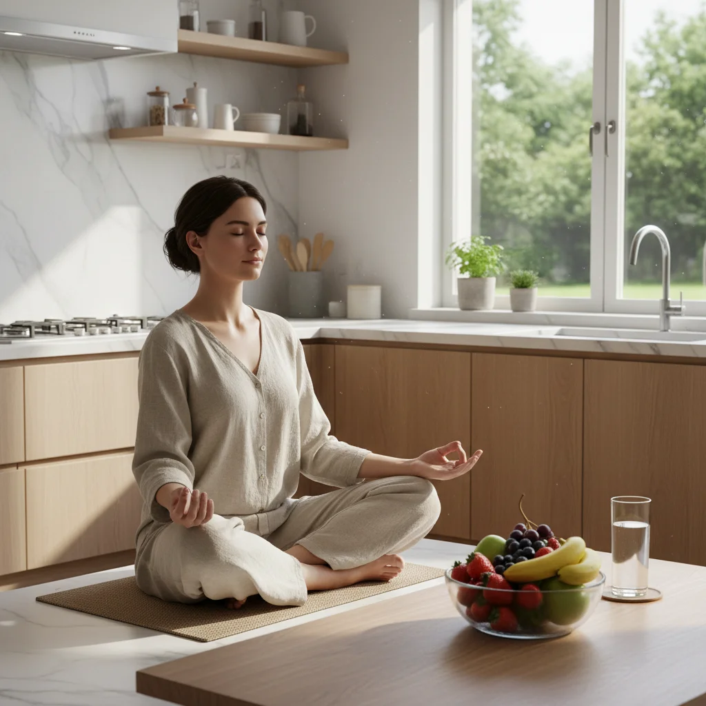 Personne méditant dans une cuisine, symbolisant le bien-être mental lié au jeûne intermittent.