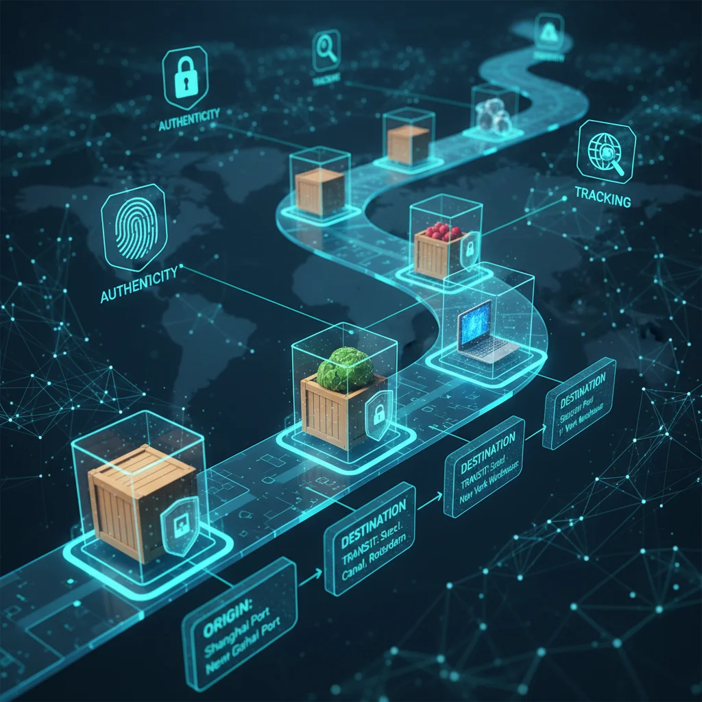Chaîne d'approvisionnement sécurisée par la blockchain, montrant la traçabilité des produits de l'origine au consommateur, garantissant l'authenticité et la transparence.