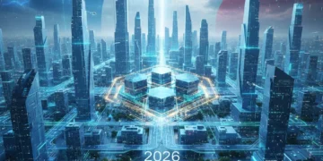 Illustration futuriste de la blockchain en France, avec des nœuds connectés et des données sécurisées, symbolisant l'innovation technologique à l'horizon 2026.