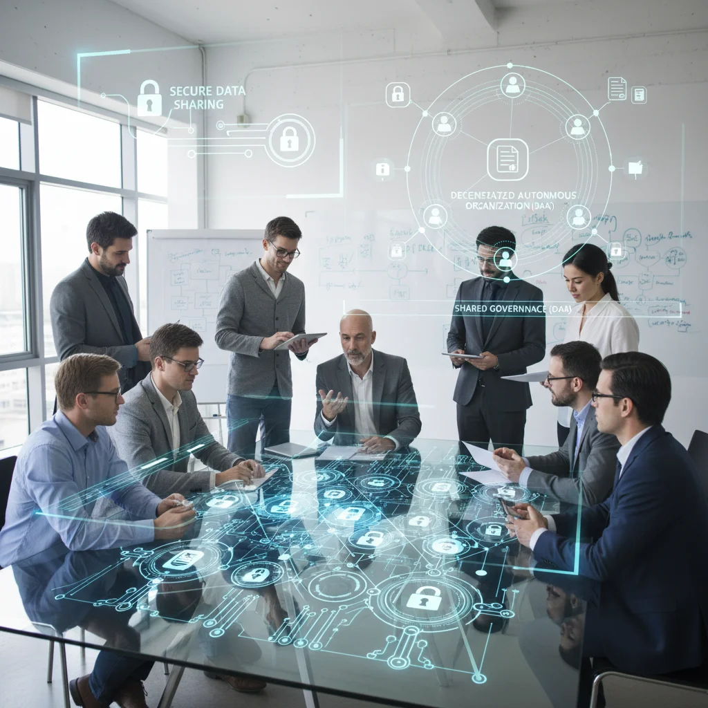 Professionnels collaborant dans un environnement de travail moderne, avec des symboles de gouvernance décentralisée et de partage de données sécurisé via la blockchain.