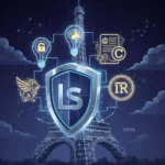 Bouclier juridique protégeant des symboles de propriété intellectuelle en France, avec la Tour Eiffel en arrière-plan, symbolisant la protection des innovations.