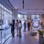 Clients interagissant avec des écrans numériques personnalisés dans une boutique française moderne, symbolisant l'innovation digitale en commerce.