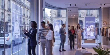 Clients interagissant avec des écrans numériques personnalisés dans une boutique française moderne, symbolisant l'innovation digitale en commerce.
