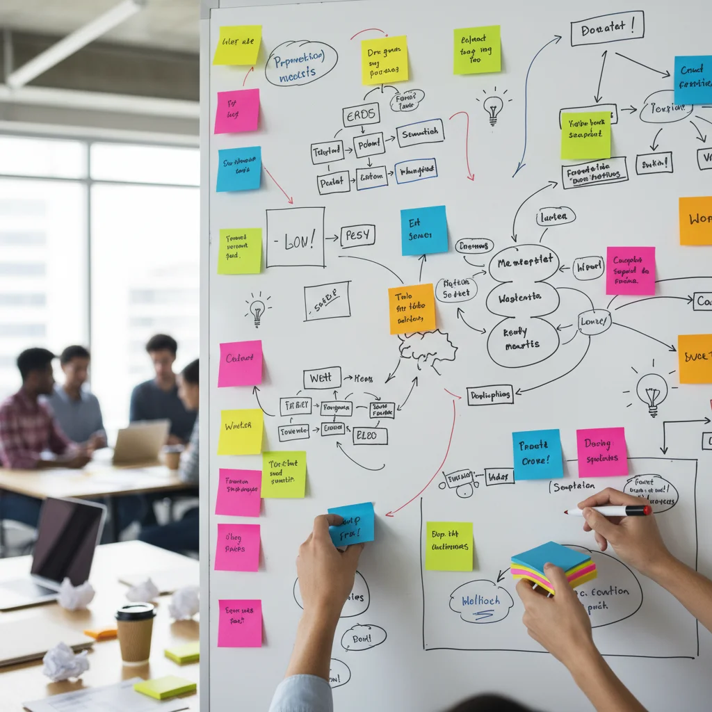 Séance de brainstorming visuelle avec post-it et diagrammes