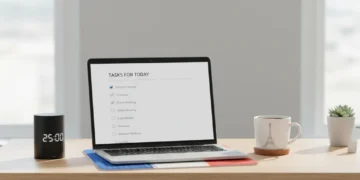 Bureau moderne avec minuteur Pomodoro, ordinateur portable affichant des tâches et tasse de café, symbolisant la productivité et la gestion du temps.