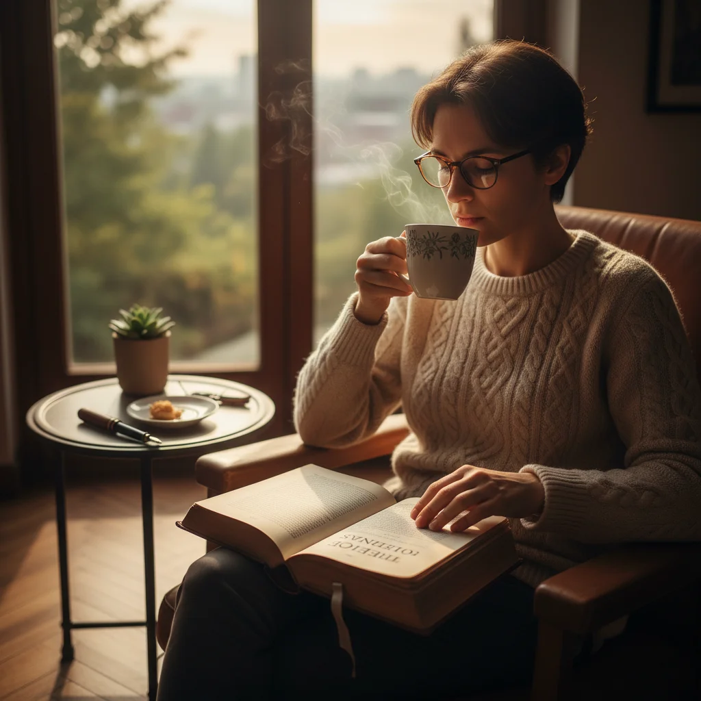 Personne buvant du café et lisant un livre, moment de calme matinal et de réflexion.