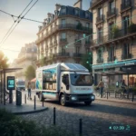 Camion de livraison électrique dans une rue urbaine française animée, symbolisant l'efficacité logistique.