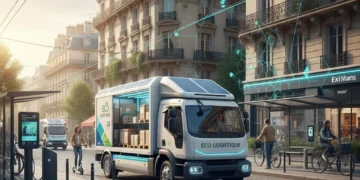 Camion de livraison électrique dans une rue urbaine française animée, symbolisant l'efficacité logistique.