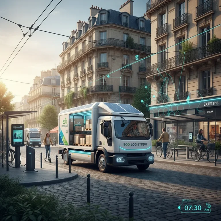 Camion de livraison électrique dans une rue urbaine française animée, symbolisant l'efficacité logistique.