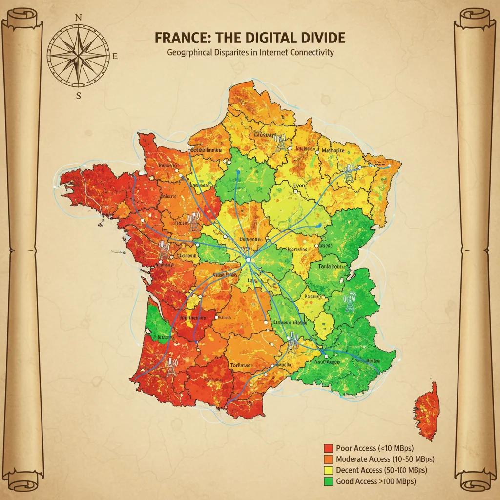 Carte de France illustrant les disparités d'accès à internet, avec des zones de faible et forte connectivité.