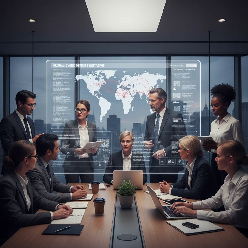 Professionnels collaborant sur la cybersécurité et la protection des données, illustrant la stratégie nationale.