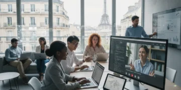 Professionnels collaborant à distance en France, illustrant le télétravail et la culture d'entreprise numérique.
