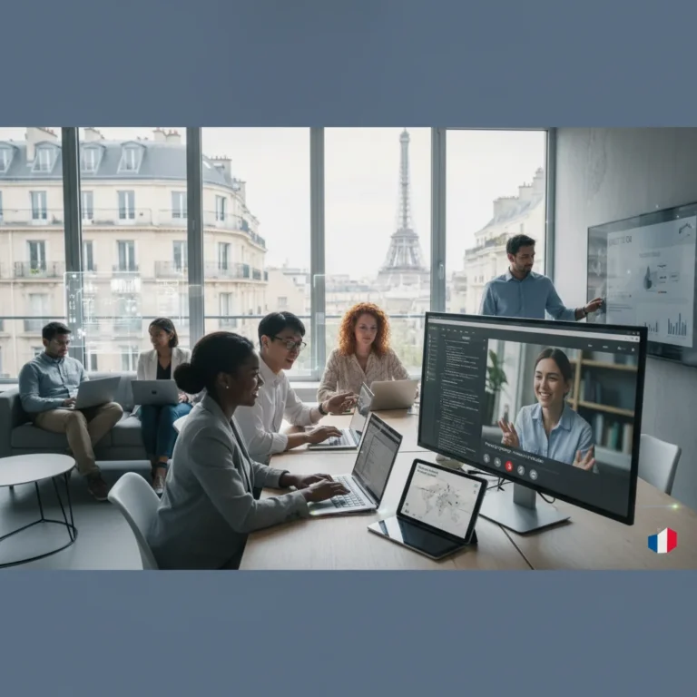 Professionnels collaborant à distance en France, illustrant le télétravail et la culture d'entreprise numérique.