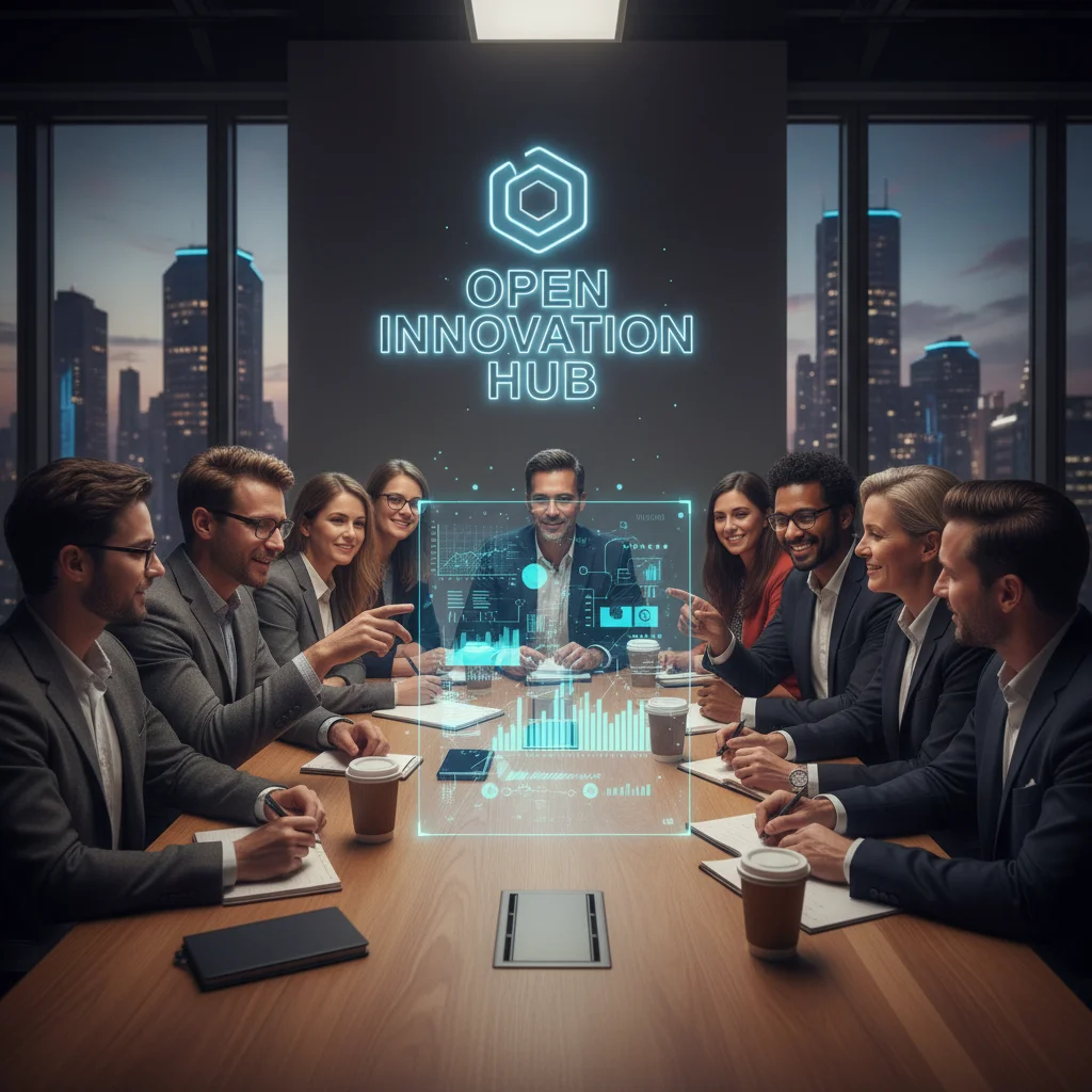 Professionnels collaborant autour d'une table avec affichage holographique, symbolisant l'écosystème d'innovation.