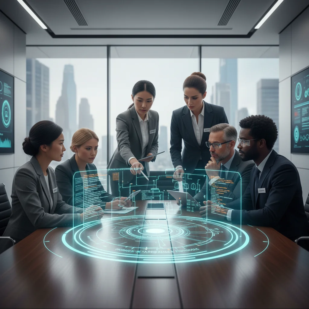 Experts multidisciplinaires discutant des directives éthiques de l'IA autour d'un affichage holographique.