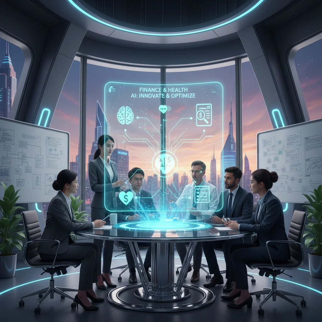 Professionnels interagissant avec des modèles d'IA générative sur un écran holographique, illustrant l'innovation et la collaboration dans les secteurs de la finance et de la santé.