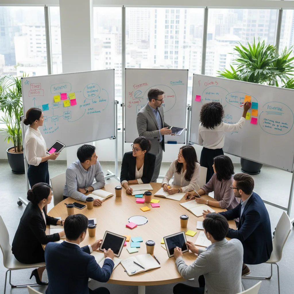 Une équipe diverse collabore activement lors d'une séance de brainstorming, illustrant l'importance de la collaboration dans l'innovation durable.