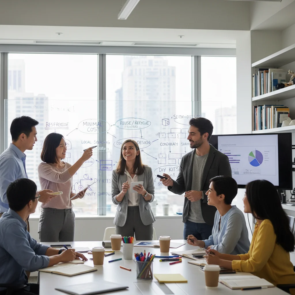 Équipe brainstormant des solutions innovantes et frugales pour l'entreprise.