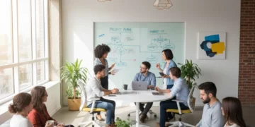 Jeunes entrepreneurs collaborant dans un espace de travail moderne d'un incubateur français, symbolisant l'innovation et le succès des startups.