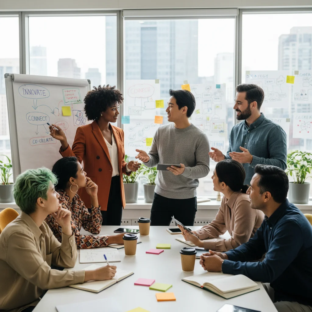 Équipe diversifiée en pleine séance de brainstorming, soulignant la collaboration et l'intelligence émotionnelle.