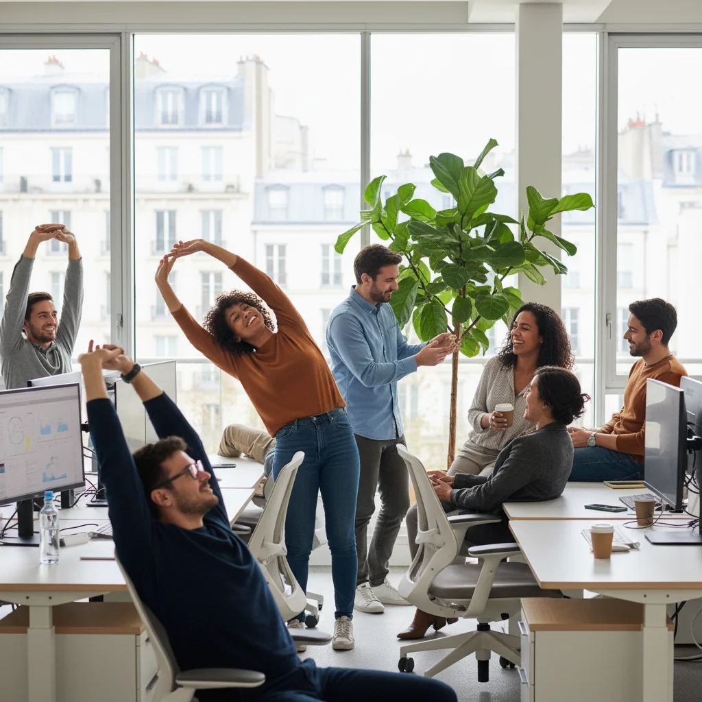 Collègues français en pause détente après une session de travail, illustrant l'importance des pauses régulières pour le bien-être.