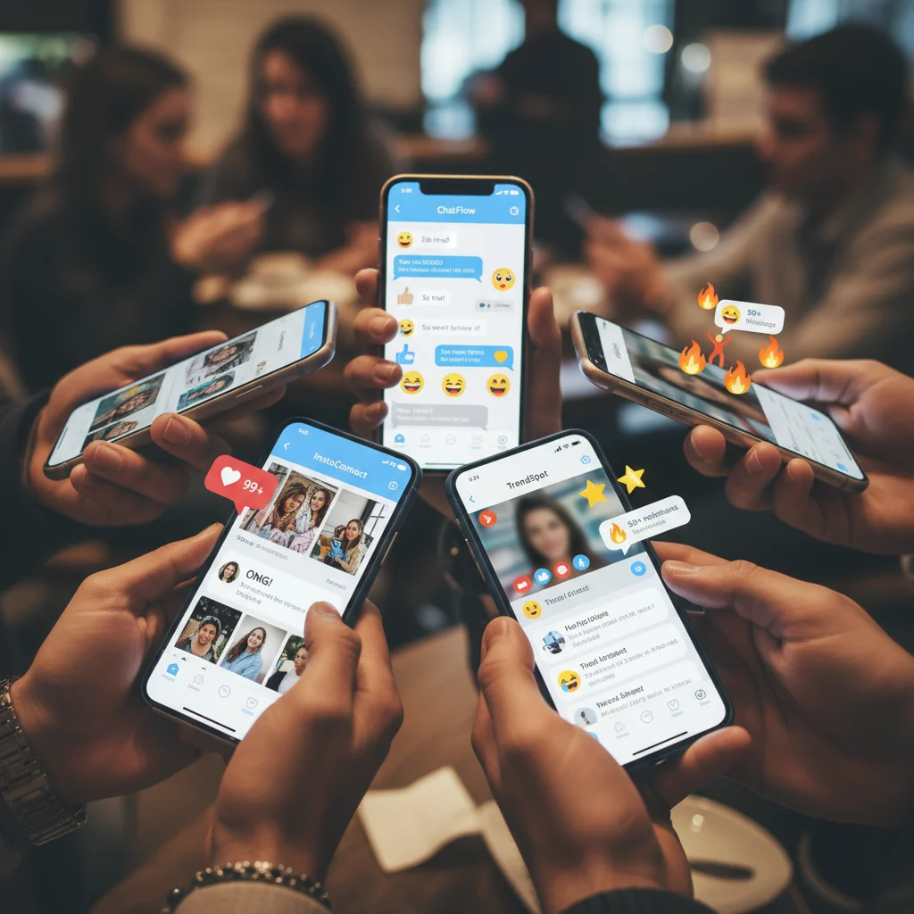 Mains tenant des smartphones affichant des réseaux sociaux, illustrant la communication digitale omniprésente et son influence sur les interactions quotidiennes.