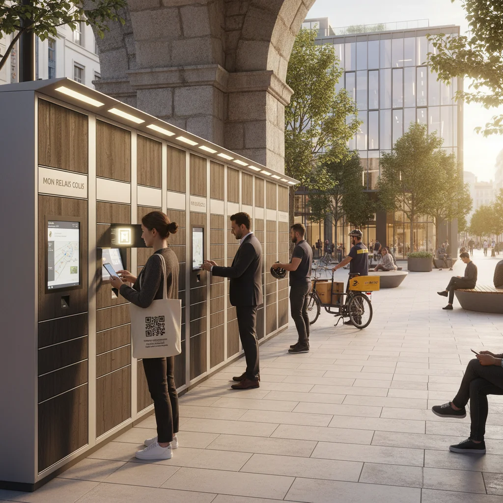 Consignes automatiques de colis dans un espace public urbain, facilitant la livraison du dernier kilomètre.