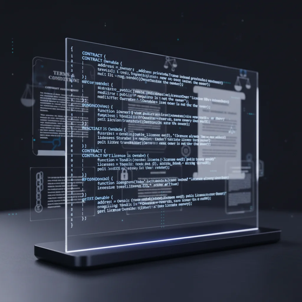 Représentation visuelle d'un contrat intelligent pour NFT, montrant le code et les implications légales.
