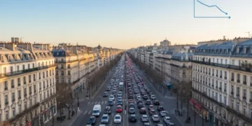 Vue aérienne d'une rue parisienne animée avec des voitures en covoiturage, symbolisant la réduction des trajets domicile-travail.