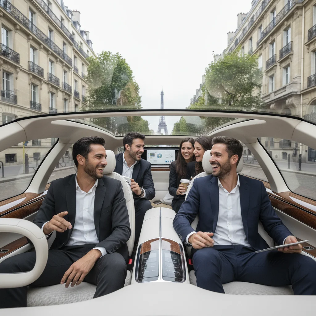 Professionnels souriants partageant un trajet en covoiturage à Paris, symbolisant la convivialité et l'efficacité.