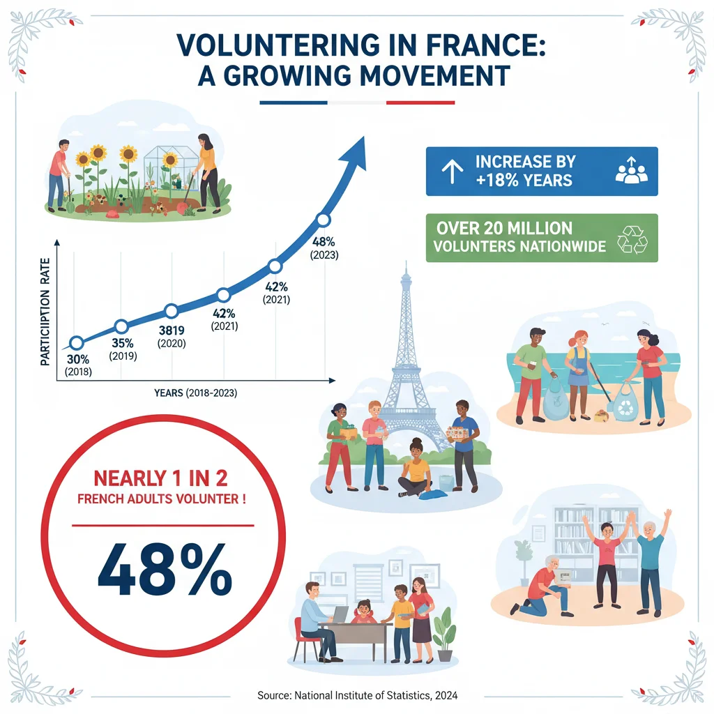 Infographie illustrant la croissance du bénévolat en France avec des statistiques clés et des tendances positives.