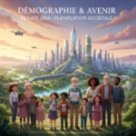 Illustration des défis démographiques en France avec des personnes de tous âges et une ville moderne en arrière-plan.